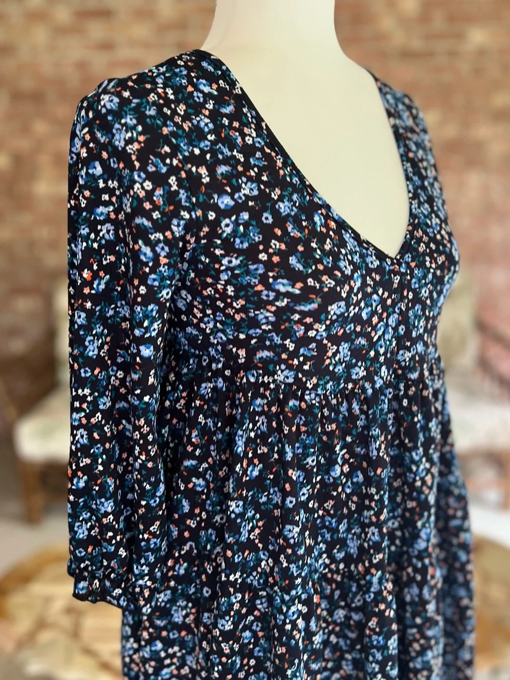 La La Land Creative Co. Navy Blue Floral Babydoll Mini Dress XS Cottagecore